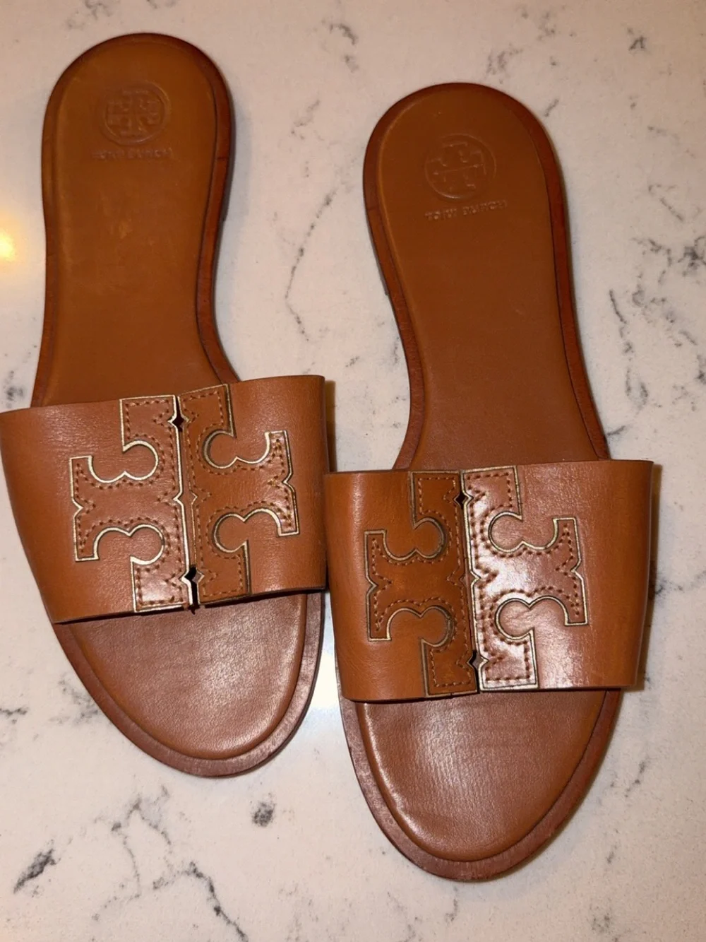 Tory Burch Brown Leather Double T Logo Slide Sandals – Size 8